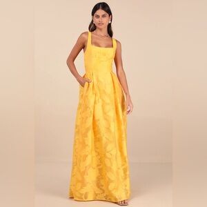 Perfected Aura Yellow Jacquard Tie-Back Maxi Dress with Pockets